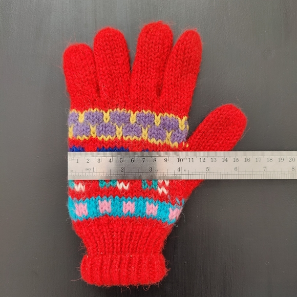 90s Handmade knitted Boho red gloves - Picture 3 of 3